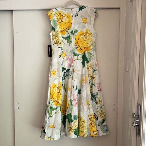 Karl Lagerfeld NWT Cap Sleeve Yellow Floral V Neck Midi A-Line Dress Size 12 New - Picture 7 of 7